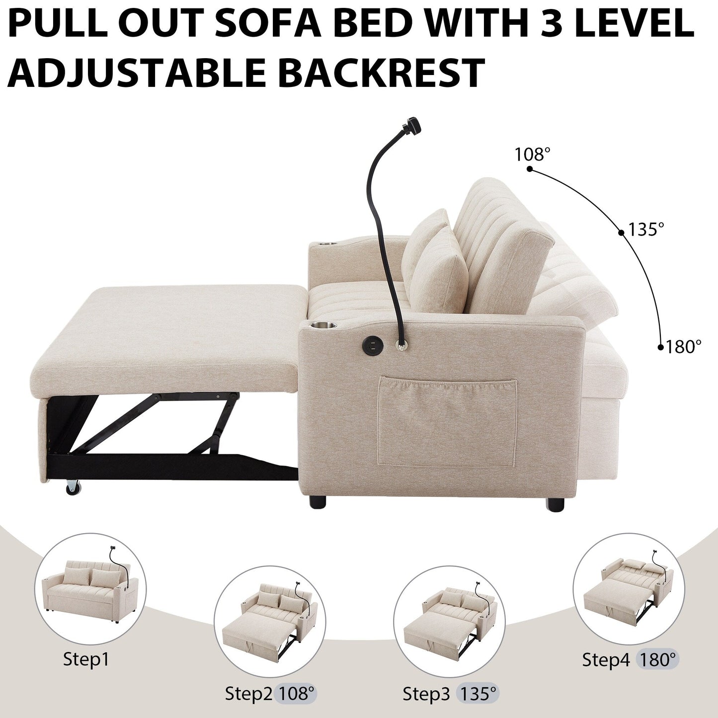 Canapé-lit convertible Roomfitters avec ports USB, poches latérales, porte-gobelets et support de téléphone pivotant pour le salon