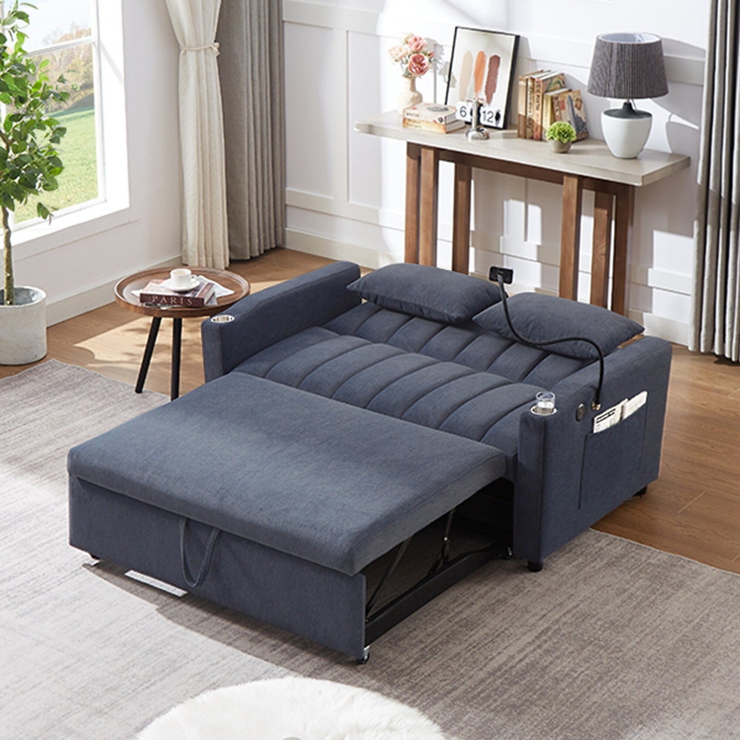 Canapé-lit convertible Roomfitters avec ports USB, poches latérales, porte-gobelets et support de téléphone pivotant pour le salon