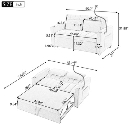 Canapé-lit convertible Roomfitters avec ports USB, poches latérales, porte-gobelets et support de téléphone pivotant pour le salon