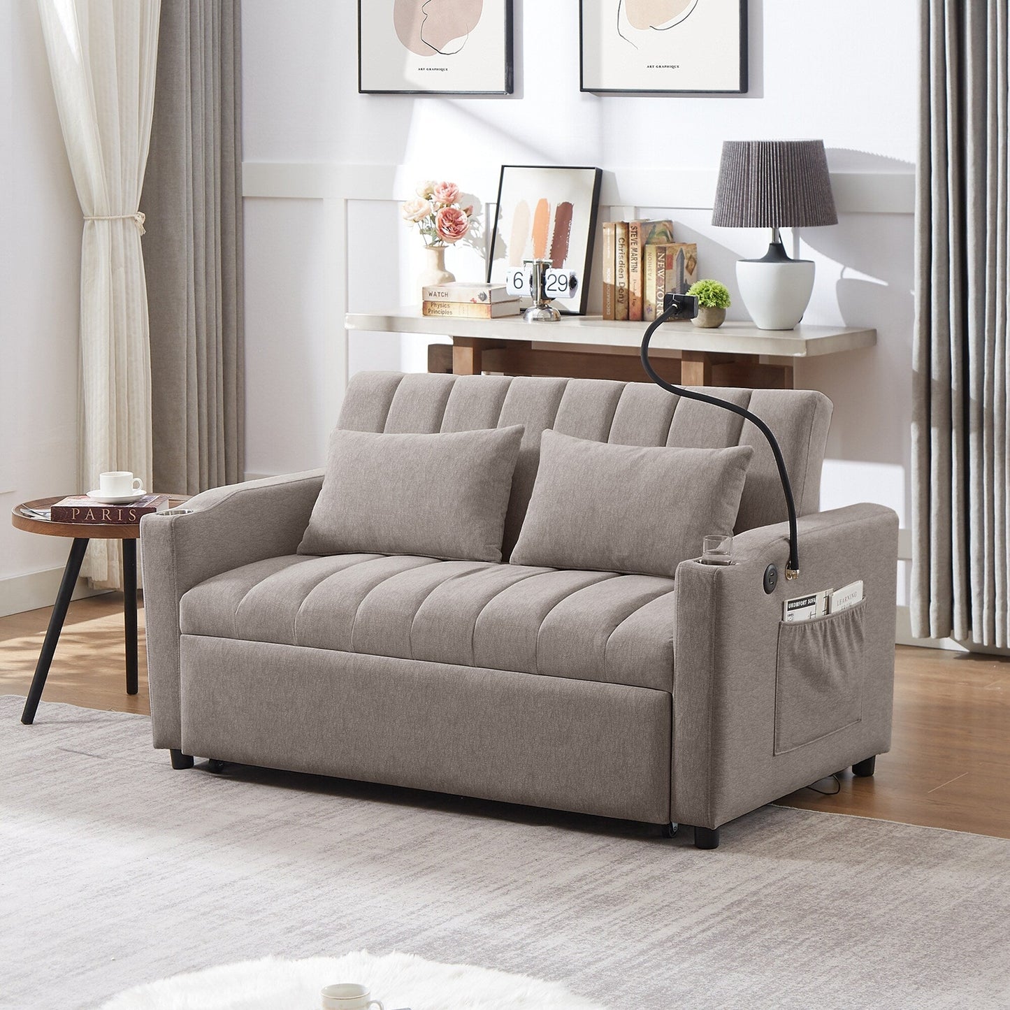 Canapé-lit convertible Roomfitters avec ports USB, poches latérales, porte-gobelets et support de téléphone pivotant pour le salon