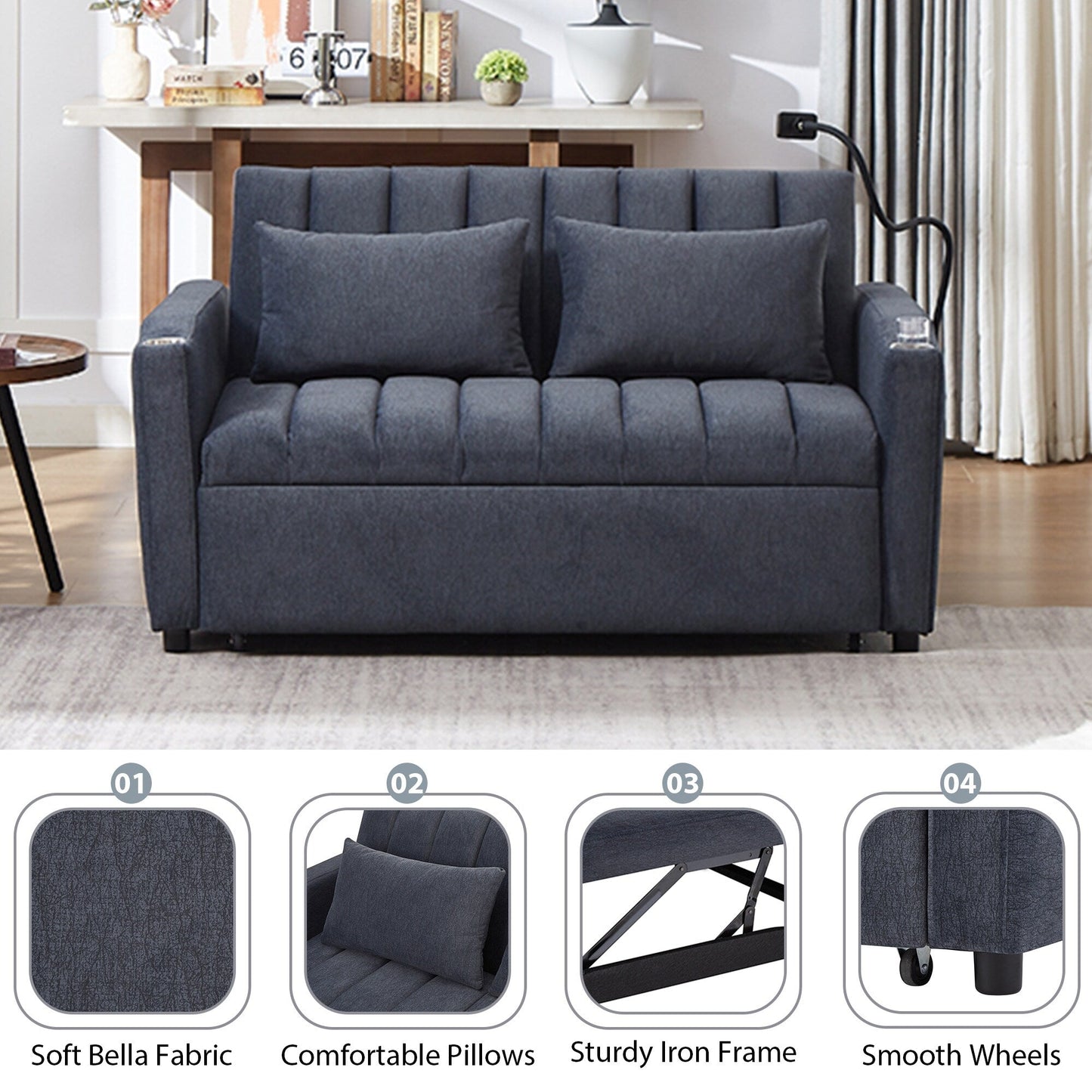 Canapé-lit convertible Roomfitters avec ports USB, poches latérales, porte-gobelets et support de téléphone pivotant pour le salon