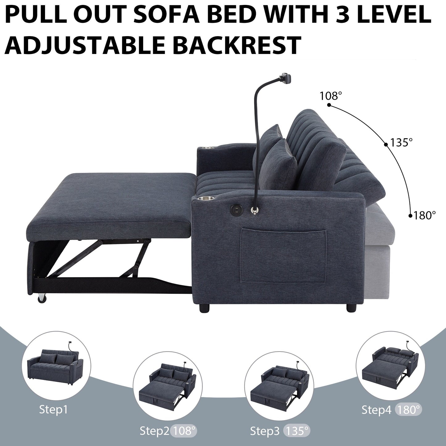 Canapé-lit convertible Roomfitters avec ports USB, poches latérales, porte-gobelets et support de téléphone pivotant pour le salon