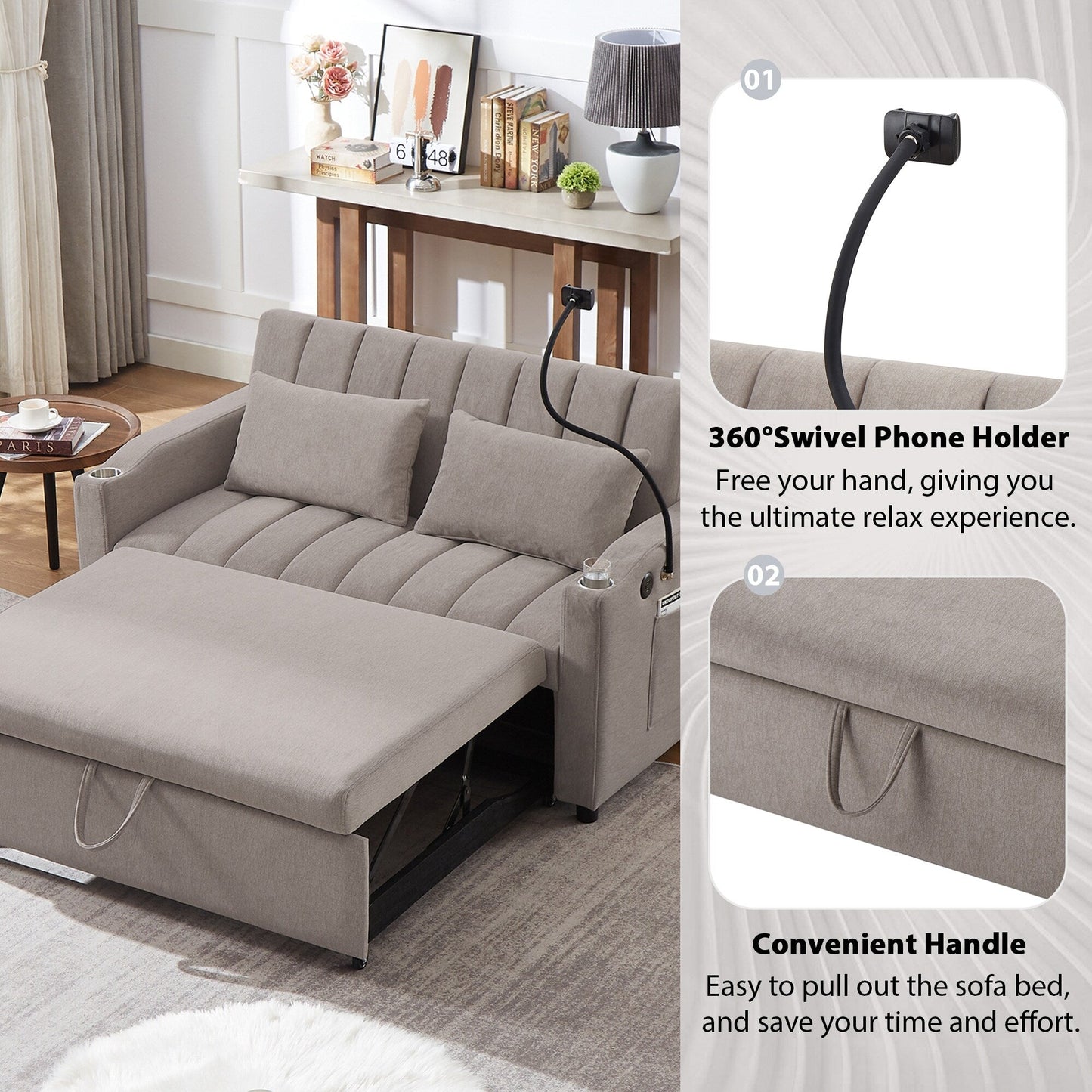 Canapé-lit convertible Roomfitters avec ports USB, poches latérales, porte-gobelets et support de téléphone pivotant pour le salon