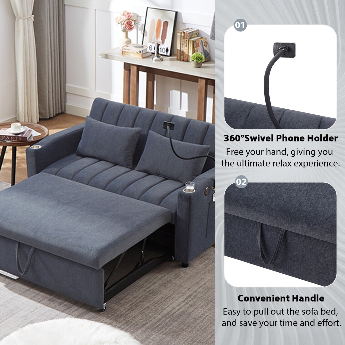 Canapé-lit convertible Roomfitters avec ports USB, poches latérales, porte-gobelets et support de téléphone pivotant pour le salon
