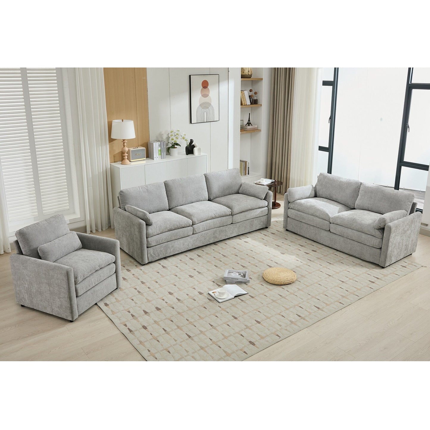 Ensemble de canapés rembourrés 3 pièces Cozy Cloud avec coussins doubles en peluche pour le salon