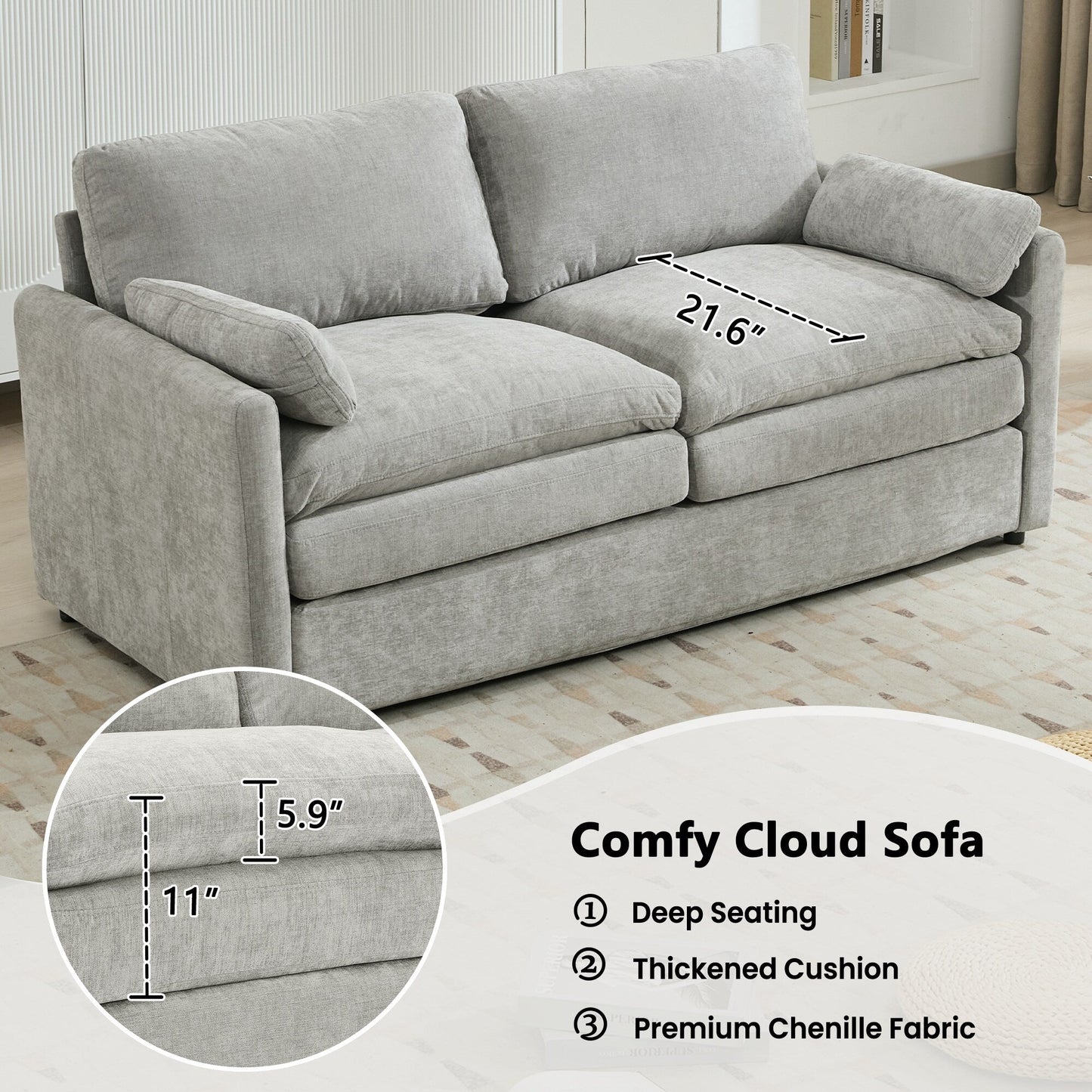 Canapé causeuse surdimensionné et confortable de Roomfitters, avec coussin double moelleux, pour le salon, gris clair