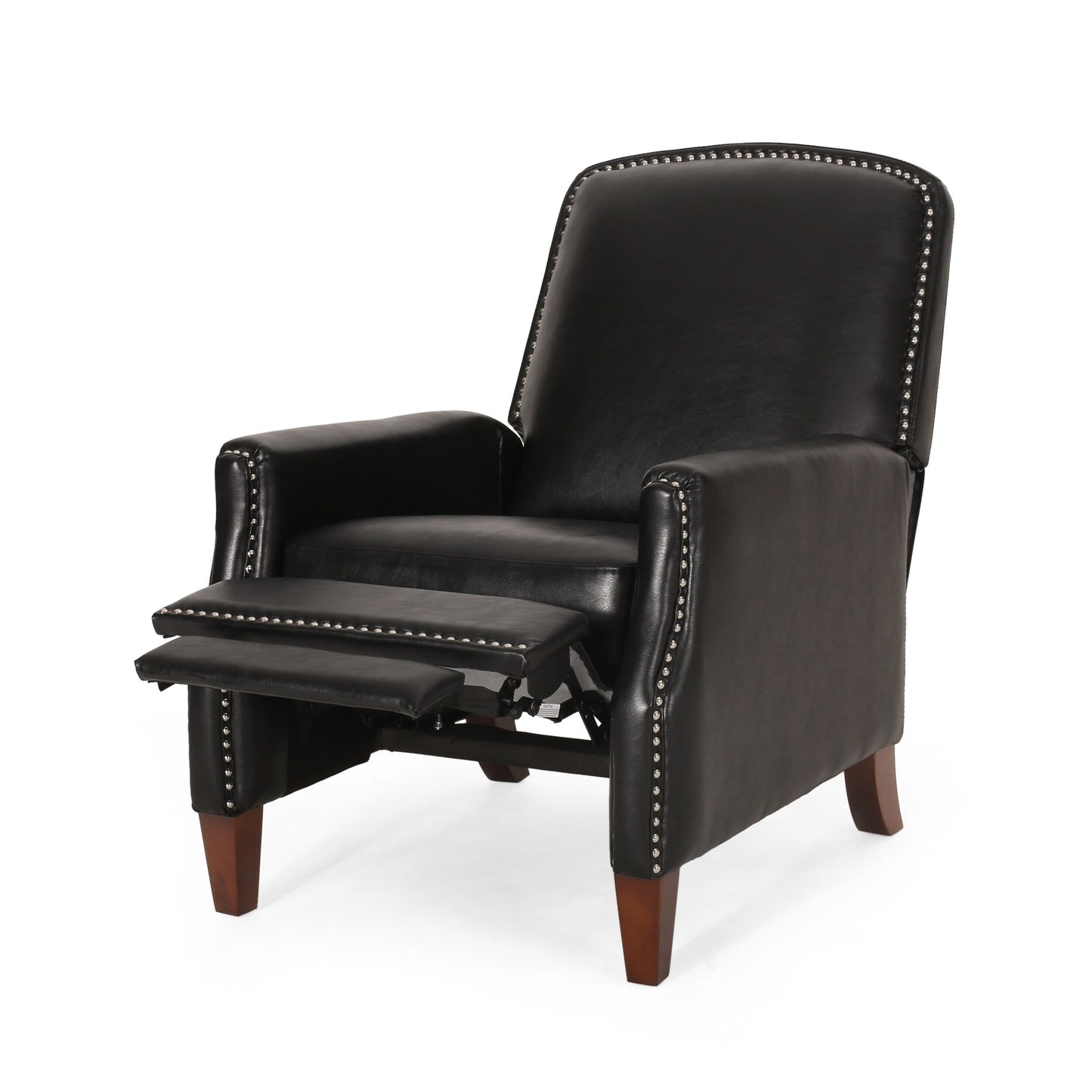 Fauteuil inclinable en cuir synthétique marron foncé avec rivets, confortable et inclinable pour le salon.