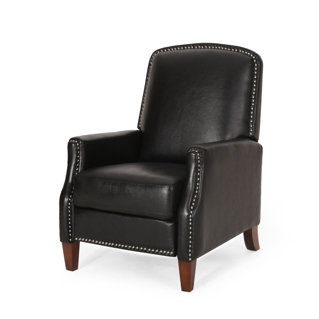 Fauteuil inclinable en cuir synthétique marron foncé avec rivets, confortable et inclinable pour le salon.