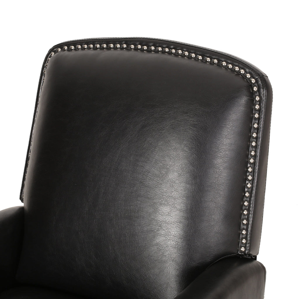 Fauteuil inclinable en cuir synthétique marron foncé avec rivets, confortable et inclinable pour le salon.