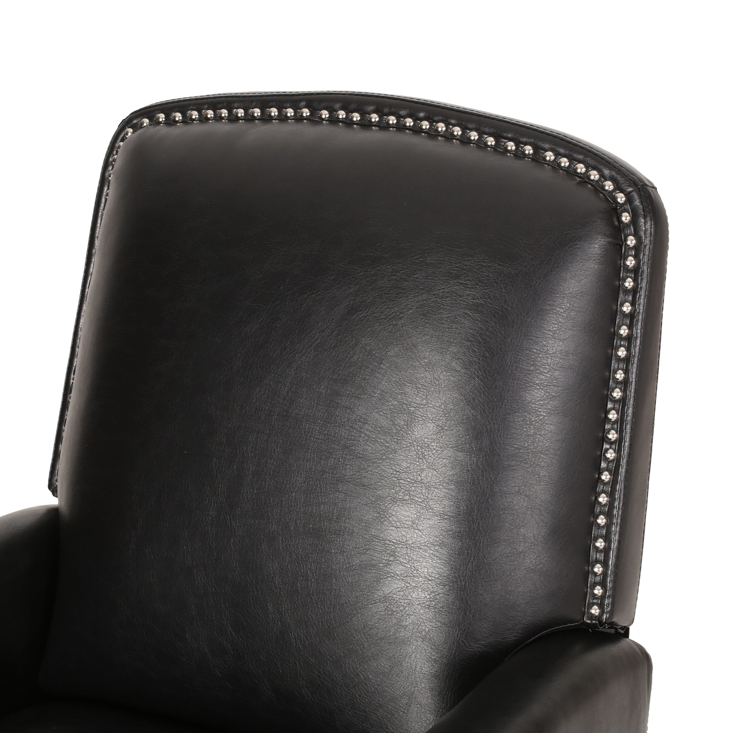 Fauteuil inclinable en cuir synthétique marron foncé avec rivets, confortable et inclinable pour le salon.