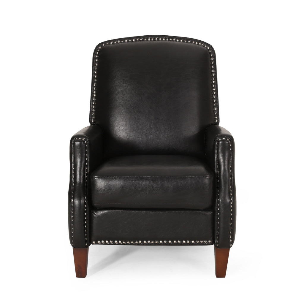 Fauteuil inclinable en cuir synthétique marron foncé avec rivets, confortable et inclinable pour le salon.