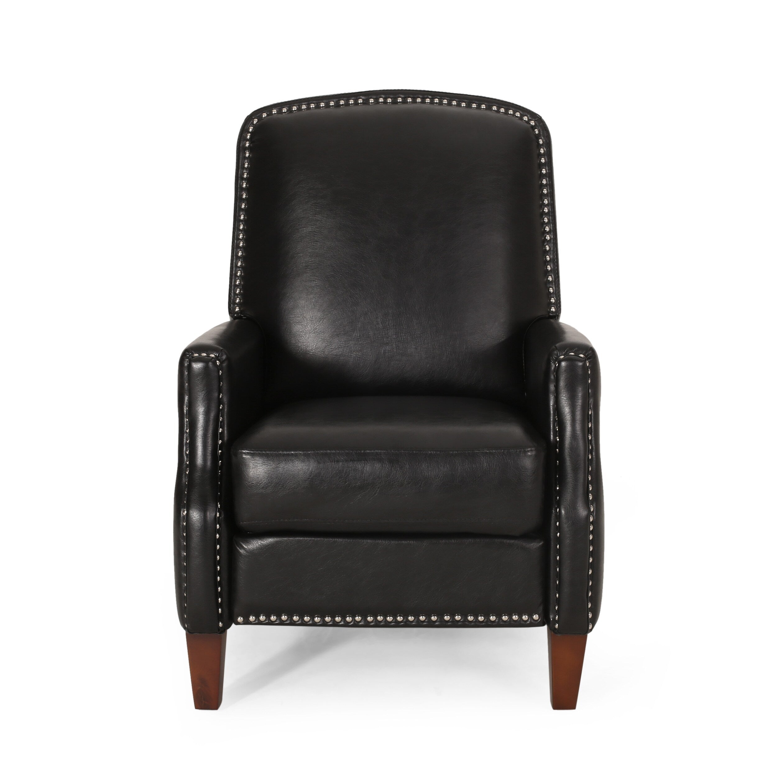 Fauteuil inclinable en cuir synthétique marron foncé avec rivets, confortable et inclinable pour le salon.