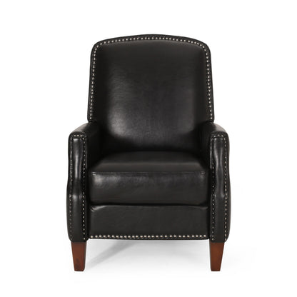Fauteuil inclinable en cuir synthétique marron foncé avec rivets, confortable et inclinable pour le salon.