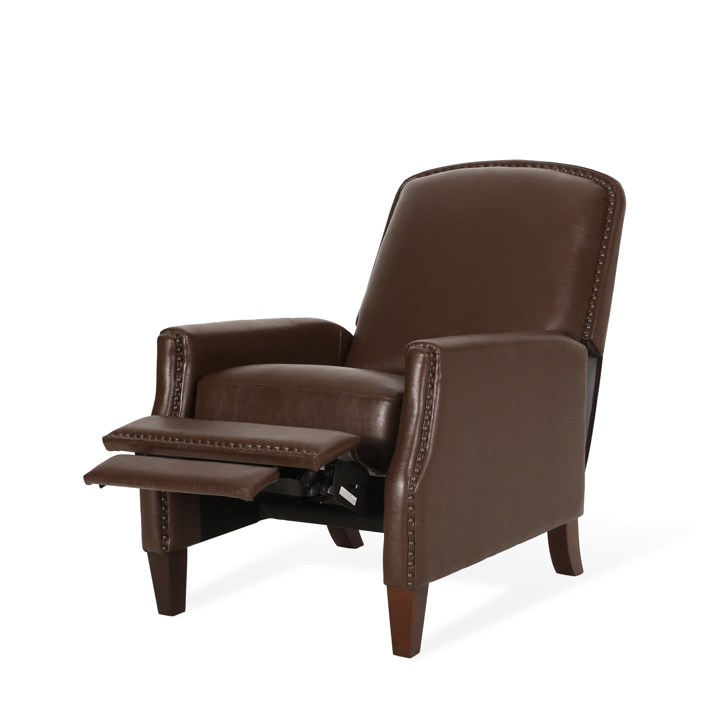 Fauteuil inclinable en cuir synthétique marron foncé avec rivets, confortable et inclinable pour le salon.