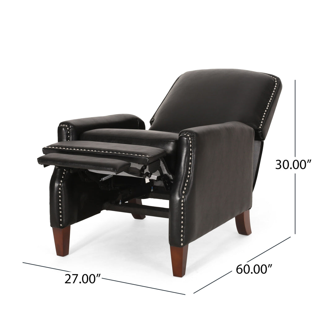 Fauteuil inclinable en cuir synthétique marron foncé avec rivets, confortable et inclinable pour le salon.