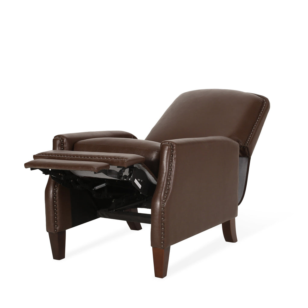 Fauteuil inclinable en cuir synthétique marron foncé avec rivets, confortable et inclinable pour le salon.