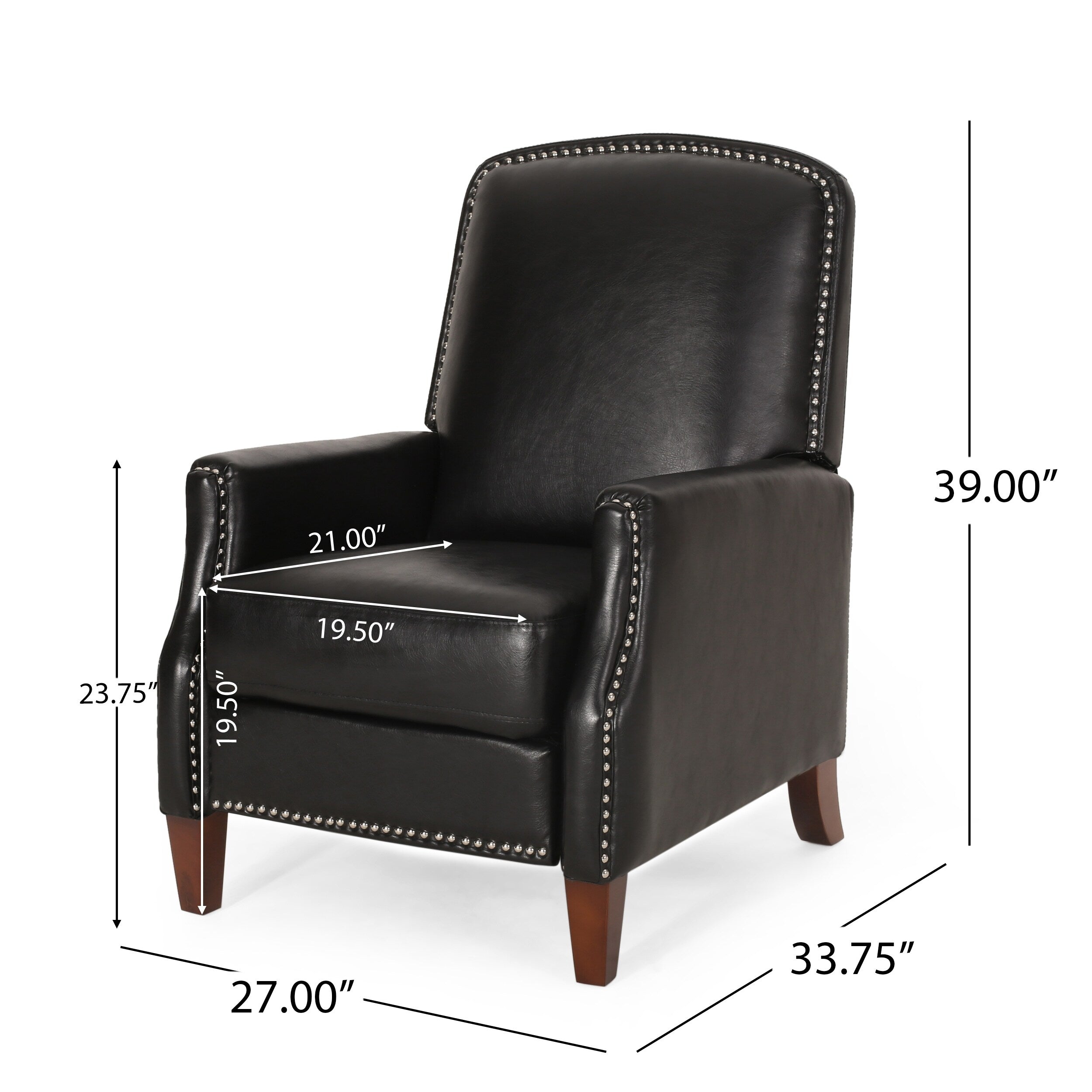 Fauteuil inclinable en cuir synthétique marron foncé avec rivets, confortable et inclinable pour le salon.