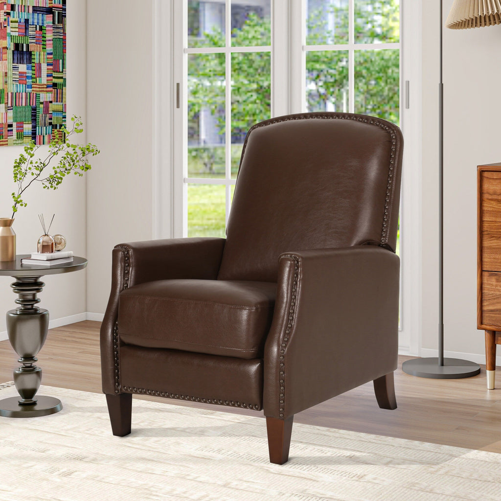 Fauteuil inclinable en cuir synthétique marron foncé avec rivets, confortable et inclinable pour le salon.
