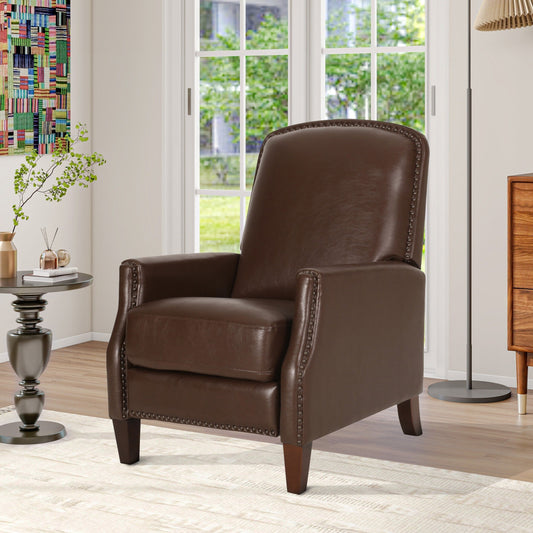 Fauteuil inclinable en cuir synthétique marron foncé avec rivets, confortable et inclinable pour le salon.