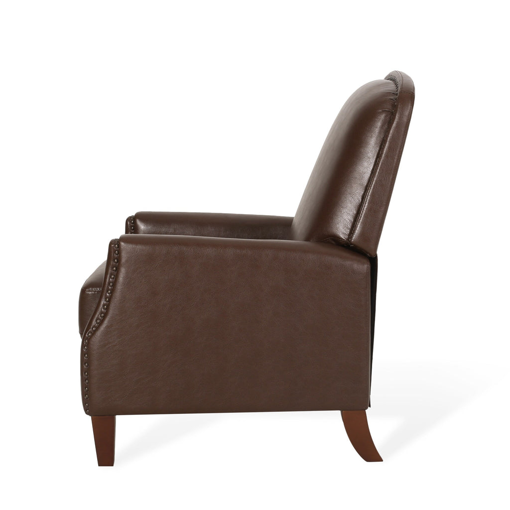 Fauteuil inclinable en cuir synthétique marron foncé avec rivets, confortable et inclinable pour le salon.
