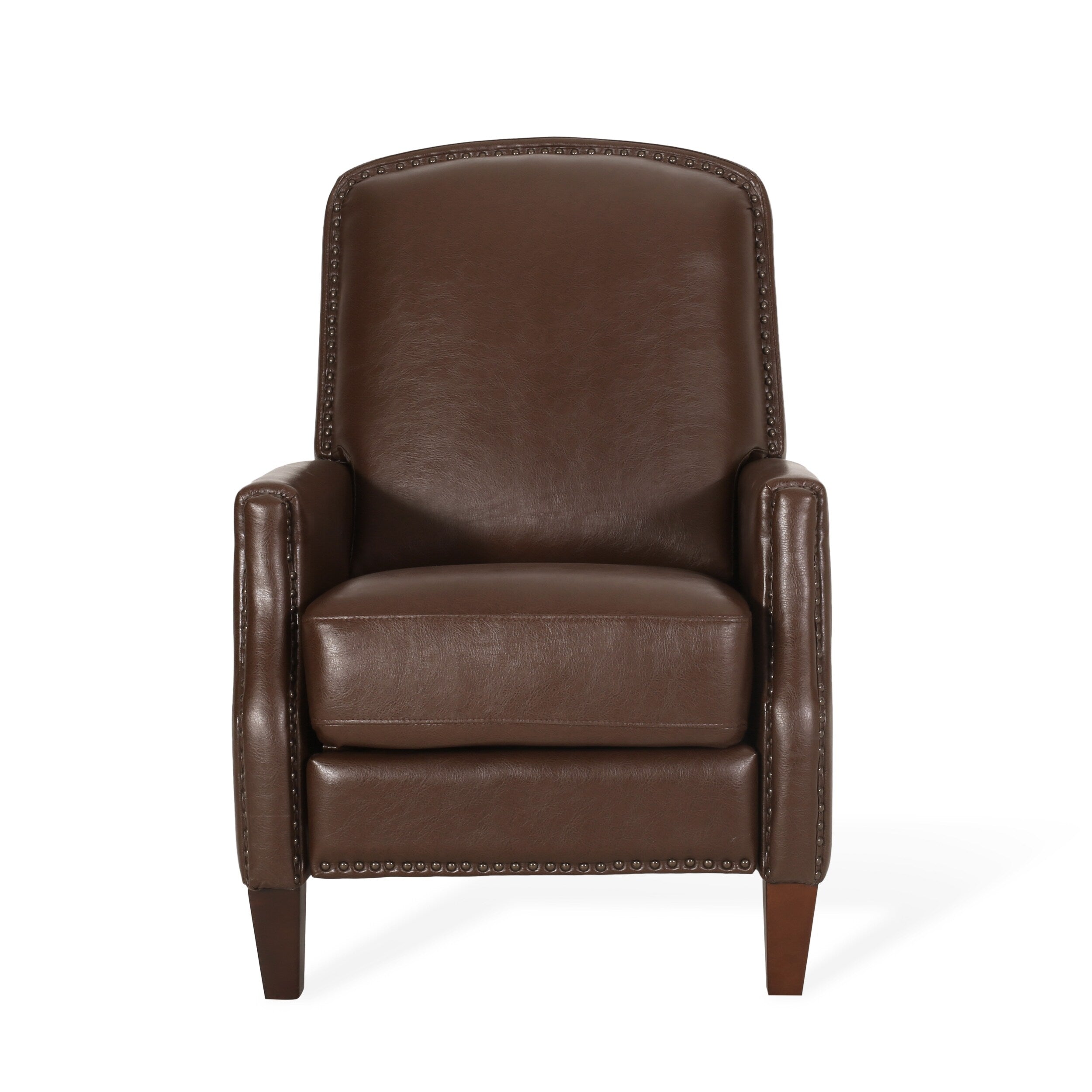 Fauteuil inclinable en cuir synthétique marron foncé avec rivets, confortable et inclinable pour le salon.