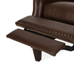 Fauteuil inclinable en cuir synthétique marron foncé avec rivets, confortable et inclinable pour le salon.
