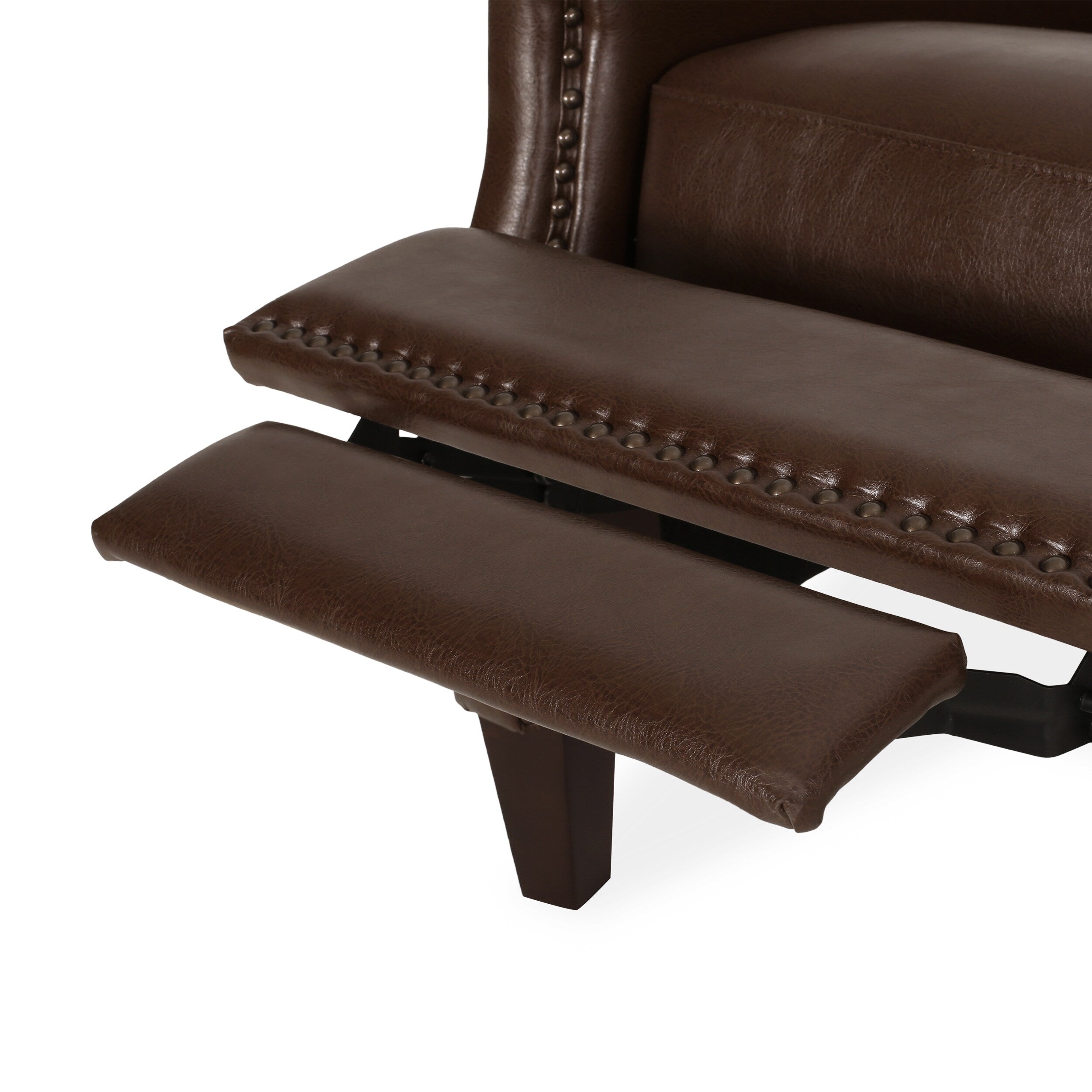 Fauteuil inclinable en cuir synthétique marron foncé avec rivets, confortable et inclinable pour le salon.