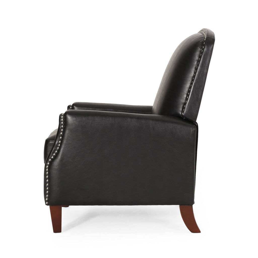Fauteuil inclinable en cuir synthétique marron foncé avec rivets, confortable et inclinable pour le salon.