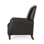 Fauteuil inclinable en cuir synthétique marron foncé avec rivets, confortable et inclinable pour le salon.