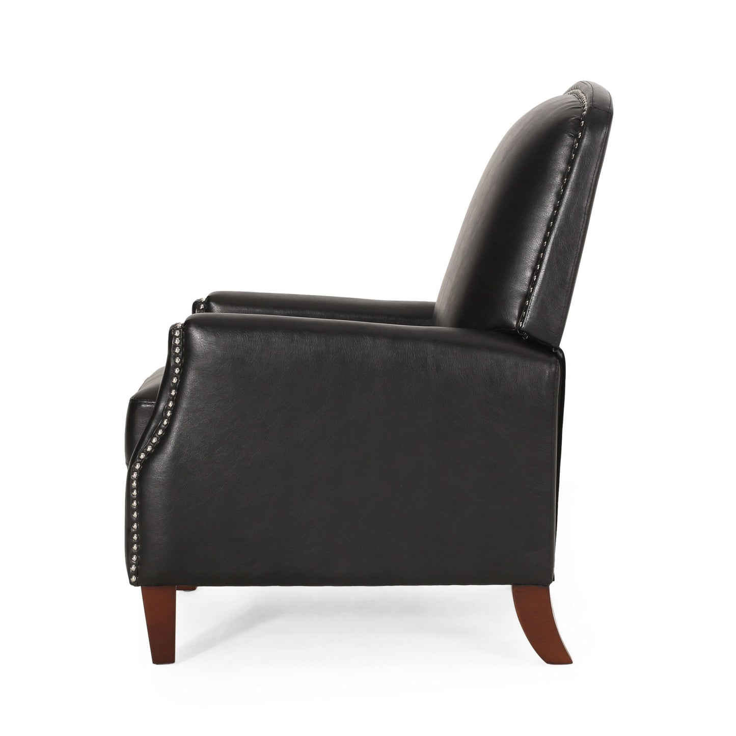 Fauteuil inclinable en cuir synthétique marron foncé avec rivets, confortable et inclinable pour le salon.