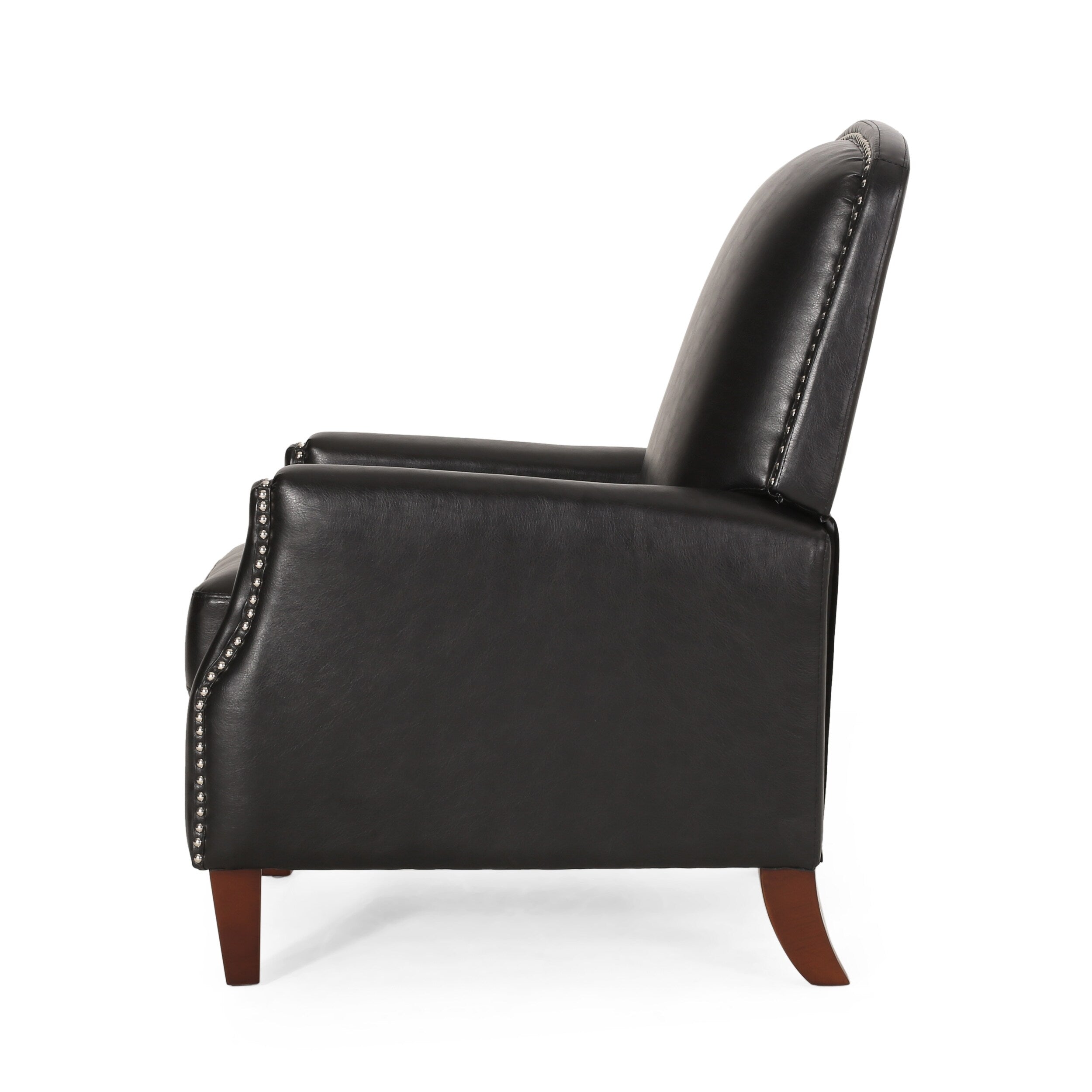 Fauteuil inclinable en cuir synthétique marron foncé avec rivets, confortable et inclinable pour le salon.