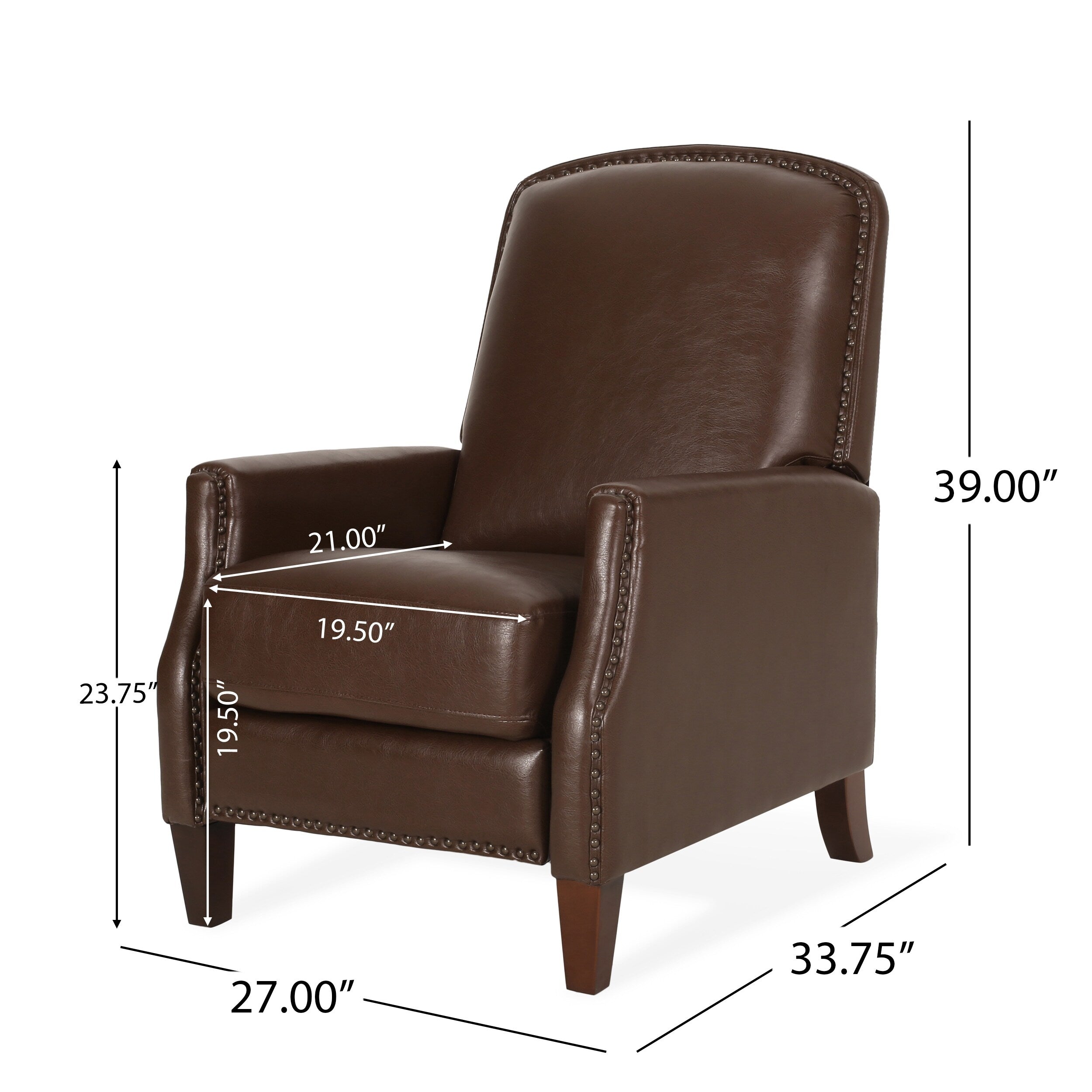 Fauteuil inclinable en cuir synthétique marron foncé avec rivets, confortable et inclinable pour le salon.