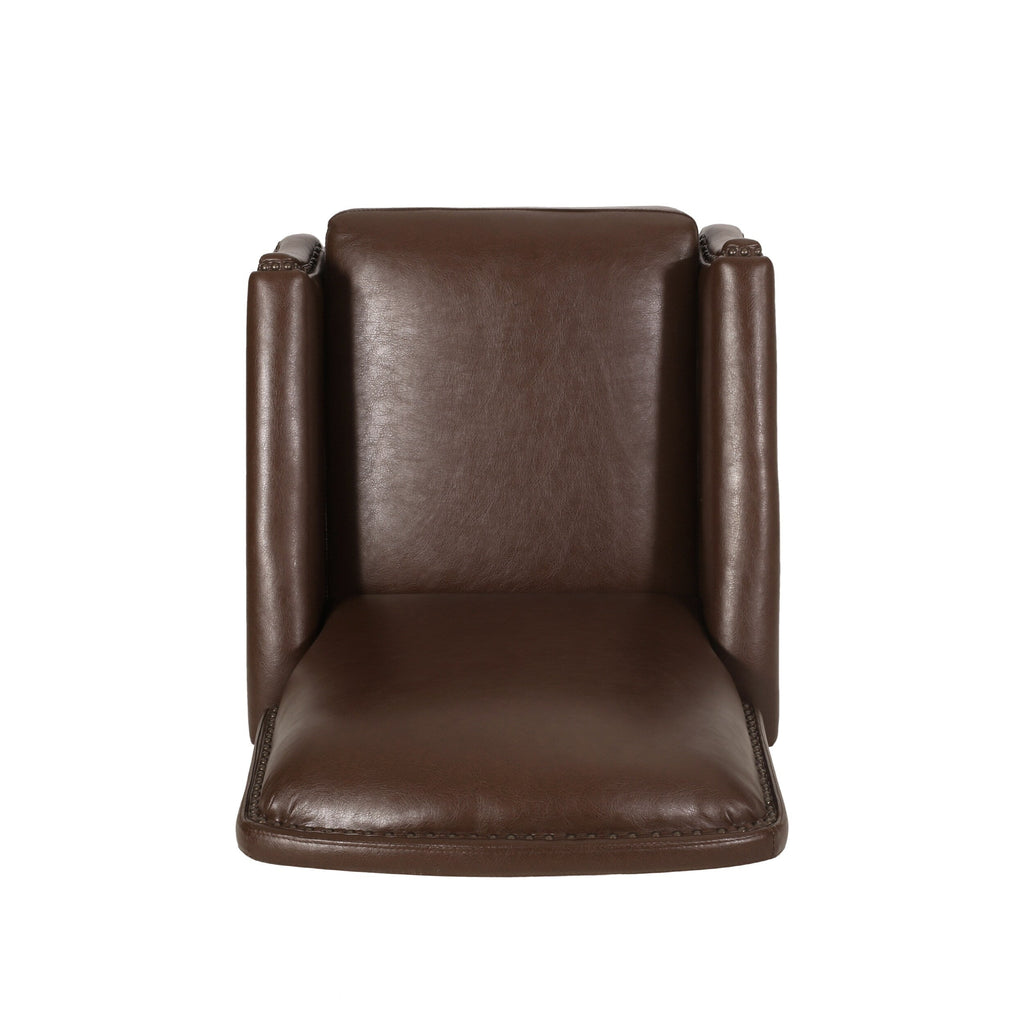 Fauteuil inclinable en cuir synthétique marron foncé avec rivets, confortable et inclinable pour le salon.