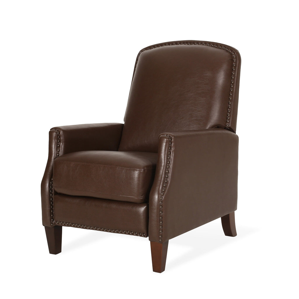 Fauteuil inclinable en cuir synthétique marron foncé avec rivets, confortable et inclinable pour le salon.