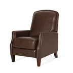 Fauteuil inclinable en cuir synthétique marron foncé avec rivets, confortable et inclinable pour le salon.