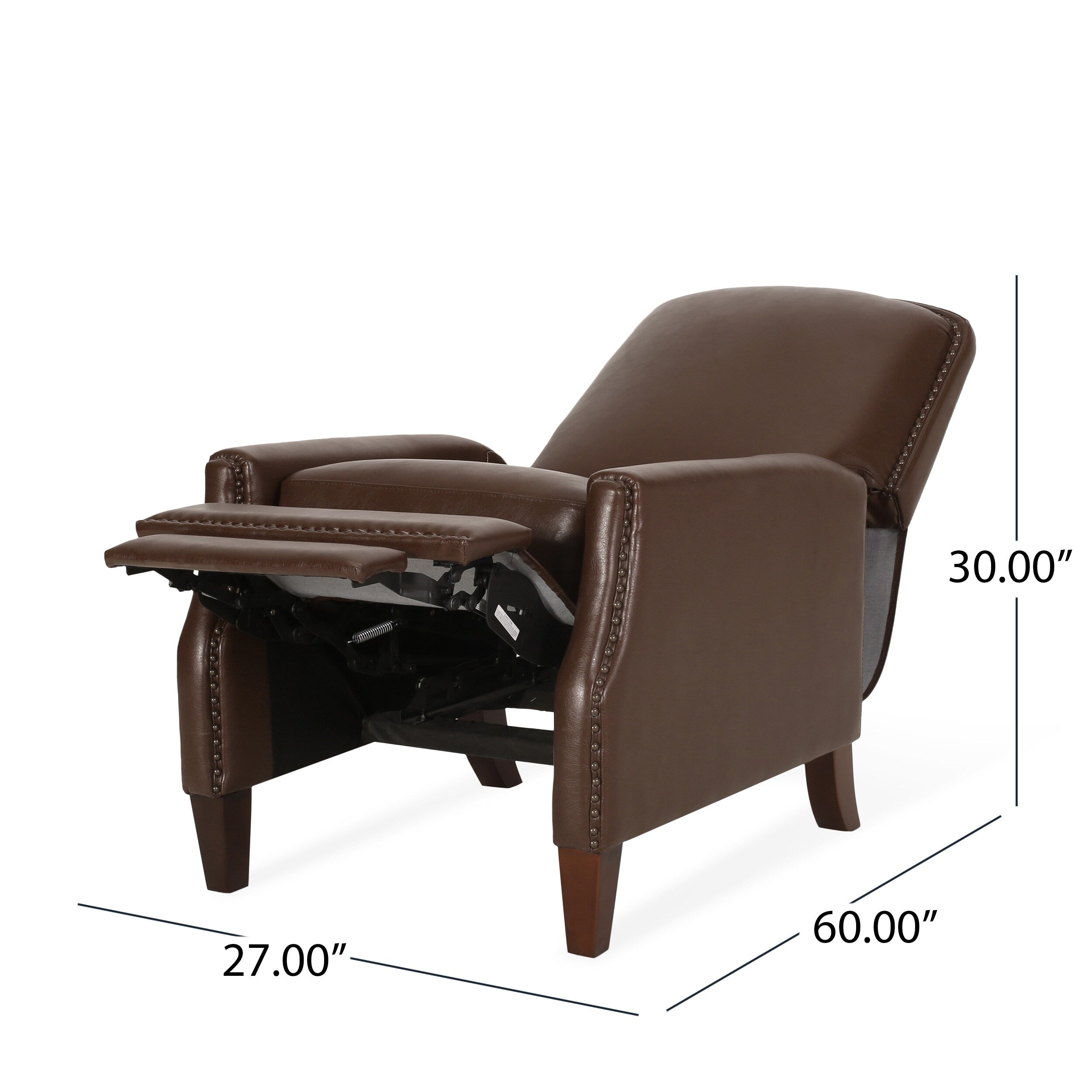 Fauteuil inclinable en cuir synthétique marron foncé avec rivets, confortable et inclinable pour le salon.