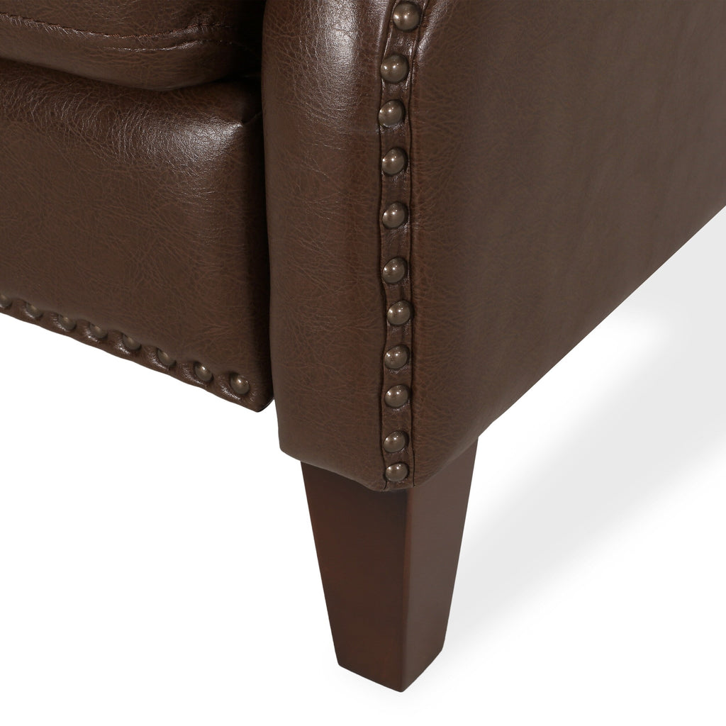 Fauteuil inclinable en cuir synthétique marron foncé avec rivets, confortable et inclinable pour le salon.
