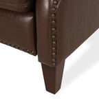 Fauteuil inclinable en cuir synthétique marron foncé avec rivets, confortable et inclinable pour le salon.