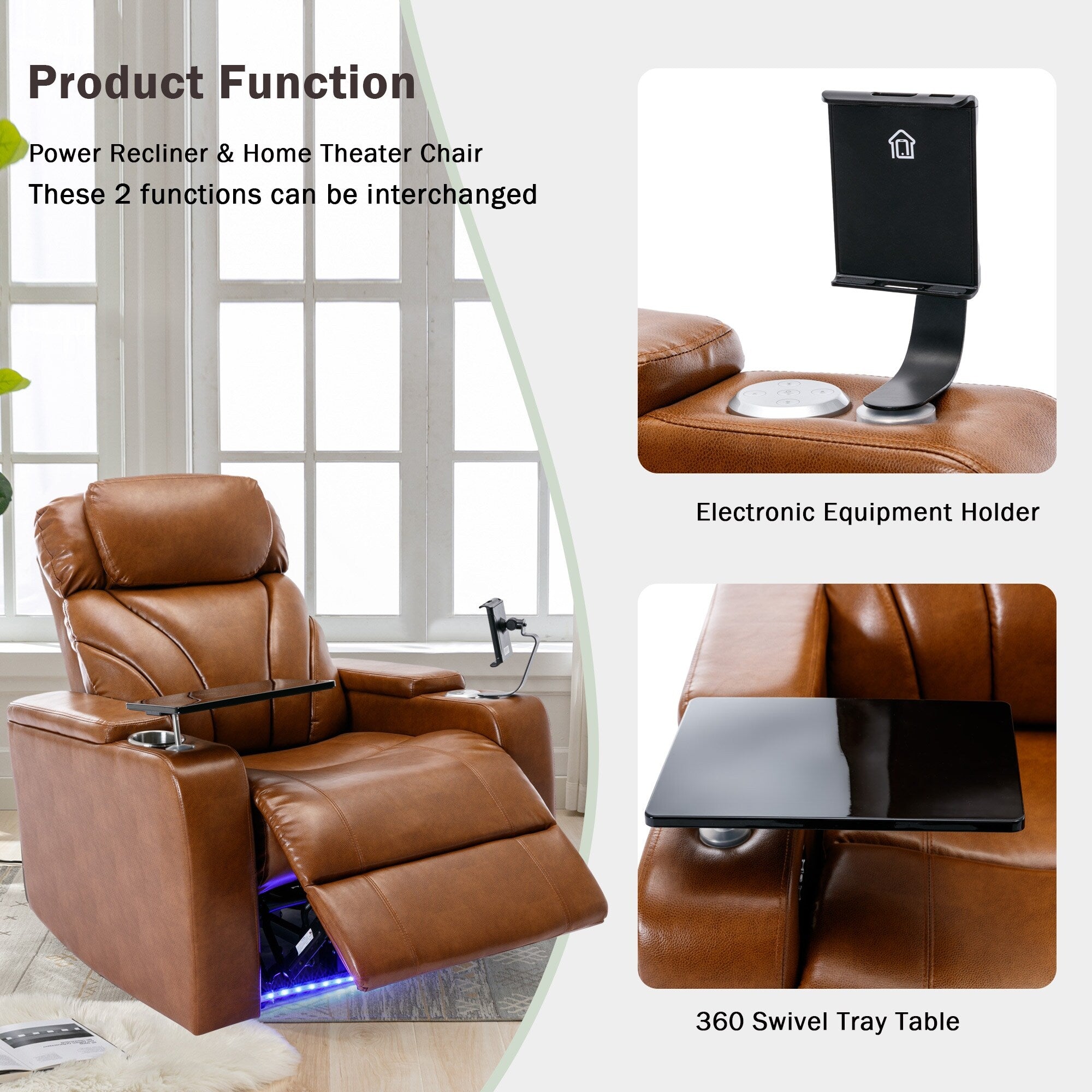 Fauteuil inclinable électrique Roomfitters avec port USB, rangement dissimulé pour les accoudoirs, porte-gobelet et haut-parleur Bluetooth