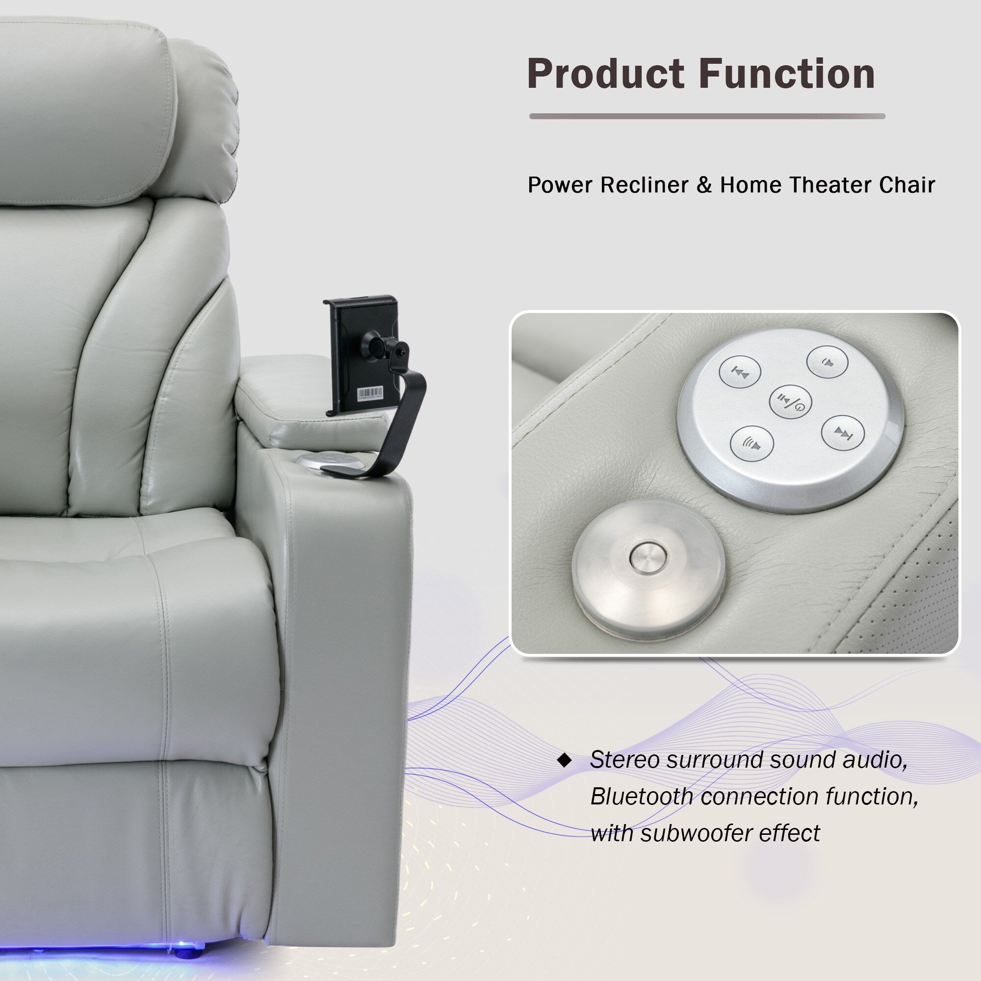 Fauteuil inclinable électrique Roomfitters avec port USB, rangement dissimulé pour les accoudoirs, porte-gobelet et haut-parleur Bluetooth