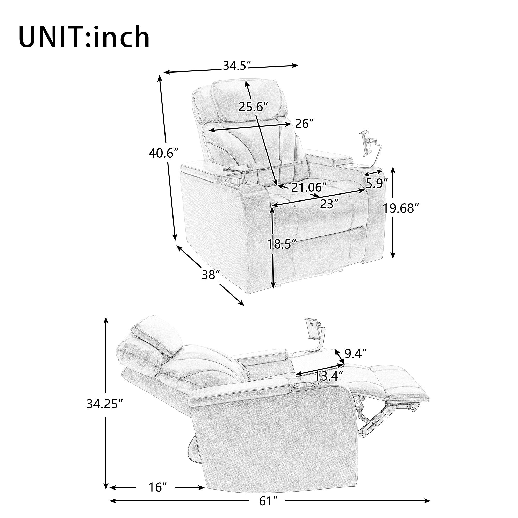 Fauteuil inclinable électrique Roomfitters avec port USB, rangement dissimulé pour les accoudoirs, porte-gobelet et haut-parleur Bluetooth