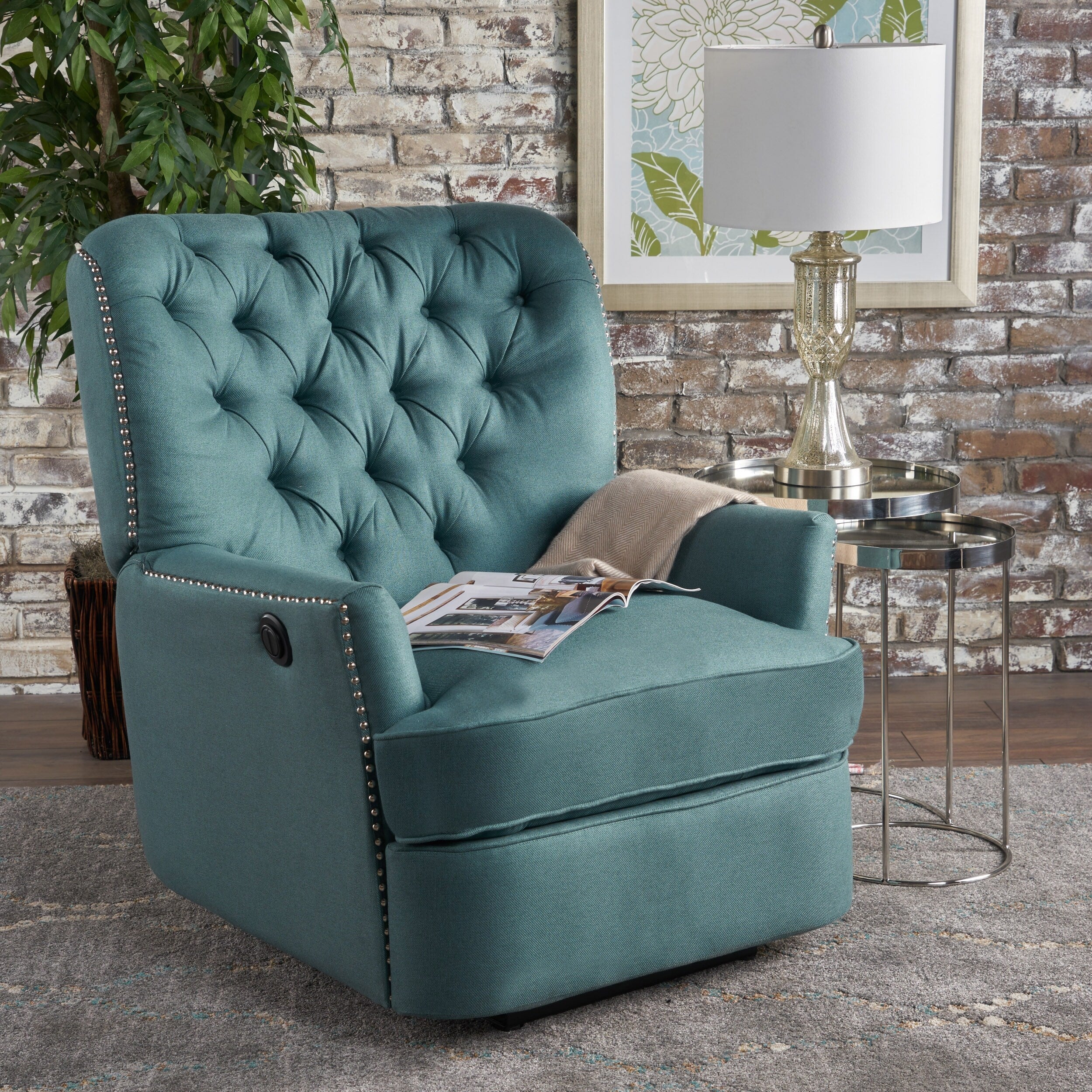 Fauteuil inclinable électrique Roomfitters avec touches cuivrées et revêtement moelleux, fauteuil de salon confortable, bleu sarcelle
