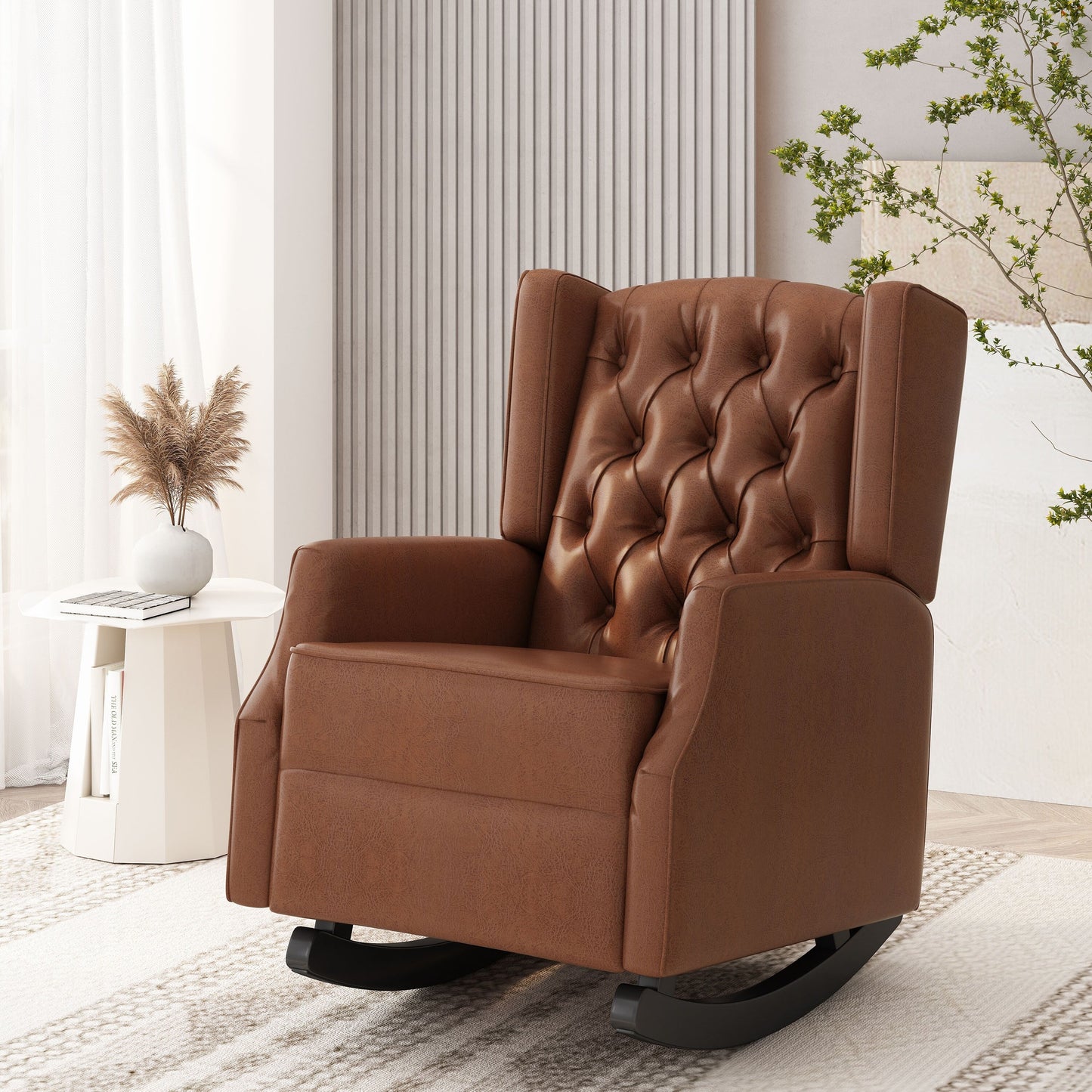 Fauteuil à bascule en similicuir Roomfitters avec capitonnage à boutons et dossier à oreilles, fauteuil d'appoint rembourré pour chambre d'enfant