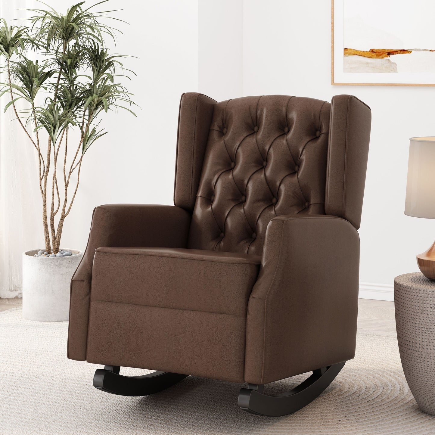 Fauteuil à bascule en similicuir Roomfitters avec capitonnage à boutons et dossier à oreilles, fauteuil d'appoint rembourré pour chambre d'enfant