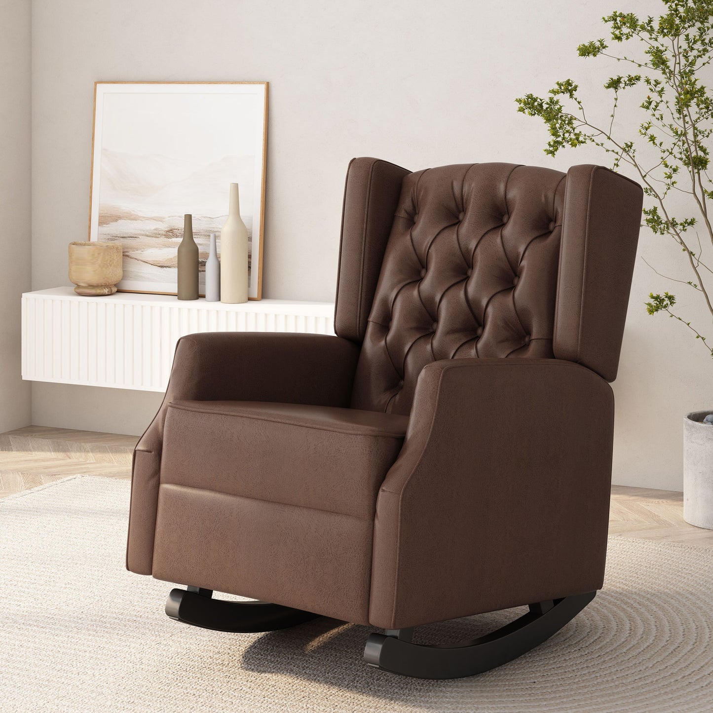 Fauteuil à bascule en similicuir Roomfitters avec capitonnage à boutons et dossier à oreilles, fauteuil d'appoint rembourré pour chambre d'enfant