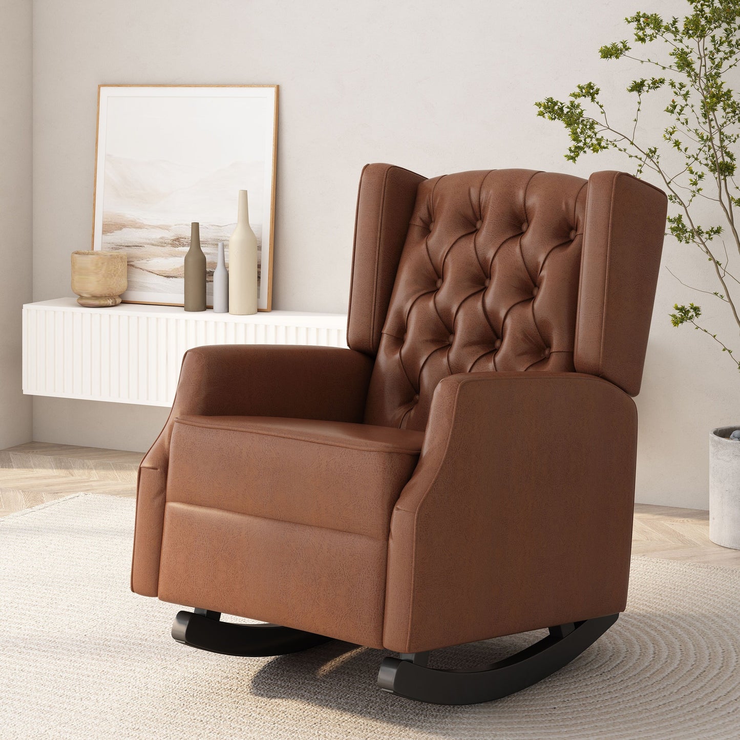 Fauteuil à bascule en similicuir Roomfitters avec capitonnage à boutons et dossier à oreilles, fauteuil d'appoint rembourré pour chambre d'enfant