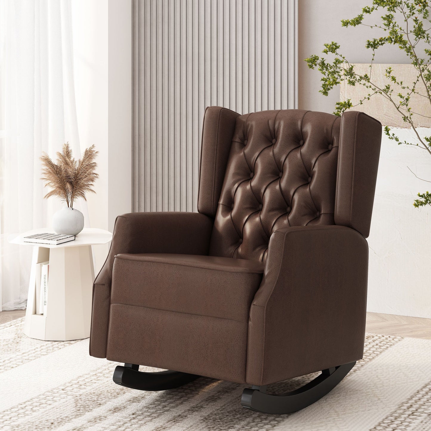 Fauteuil à bascule en similicuir Roomfitters avec capitonnage à boutons et dossier à oreilles, fauteuil d'appoint rembourré pour chambre d'enfant