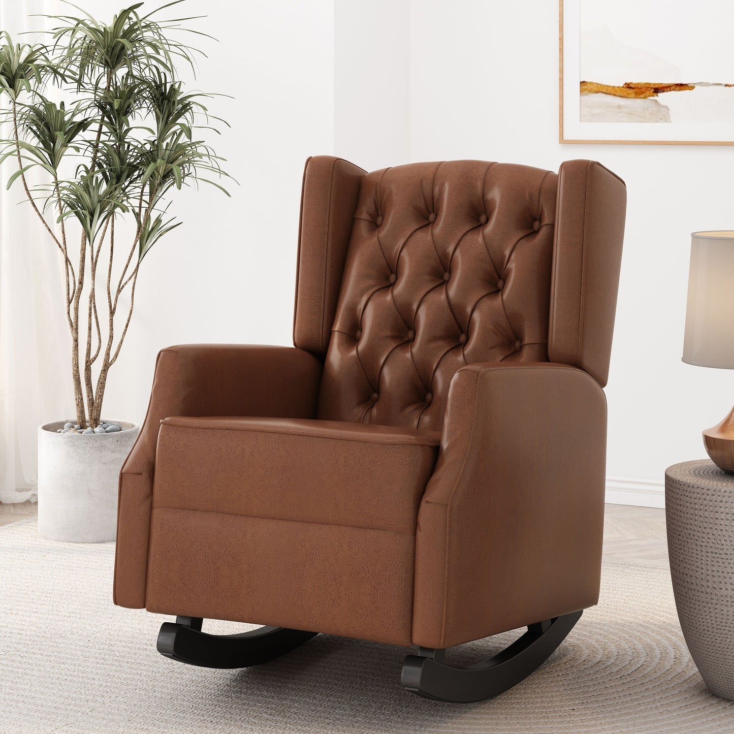 Fauteuil à bascule en similicuir Roomfitters avec capitonnage à boutons et dossier à oreilles, fauteuil d'appoint rembourré pour chambre d'enfant