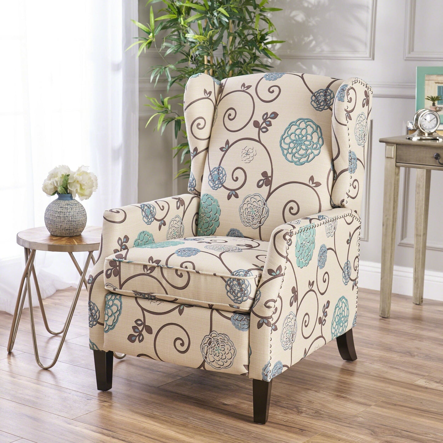 Fauteuil inclinable à dossier relevable et motif floral Roomfitters, pieds fuselés en bois