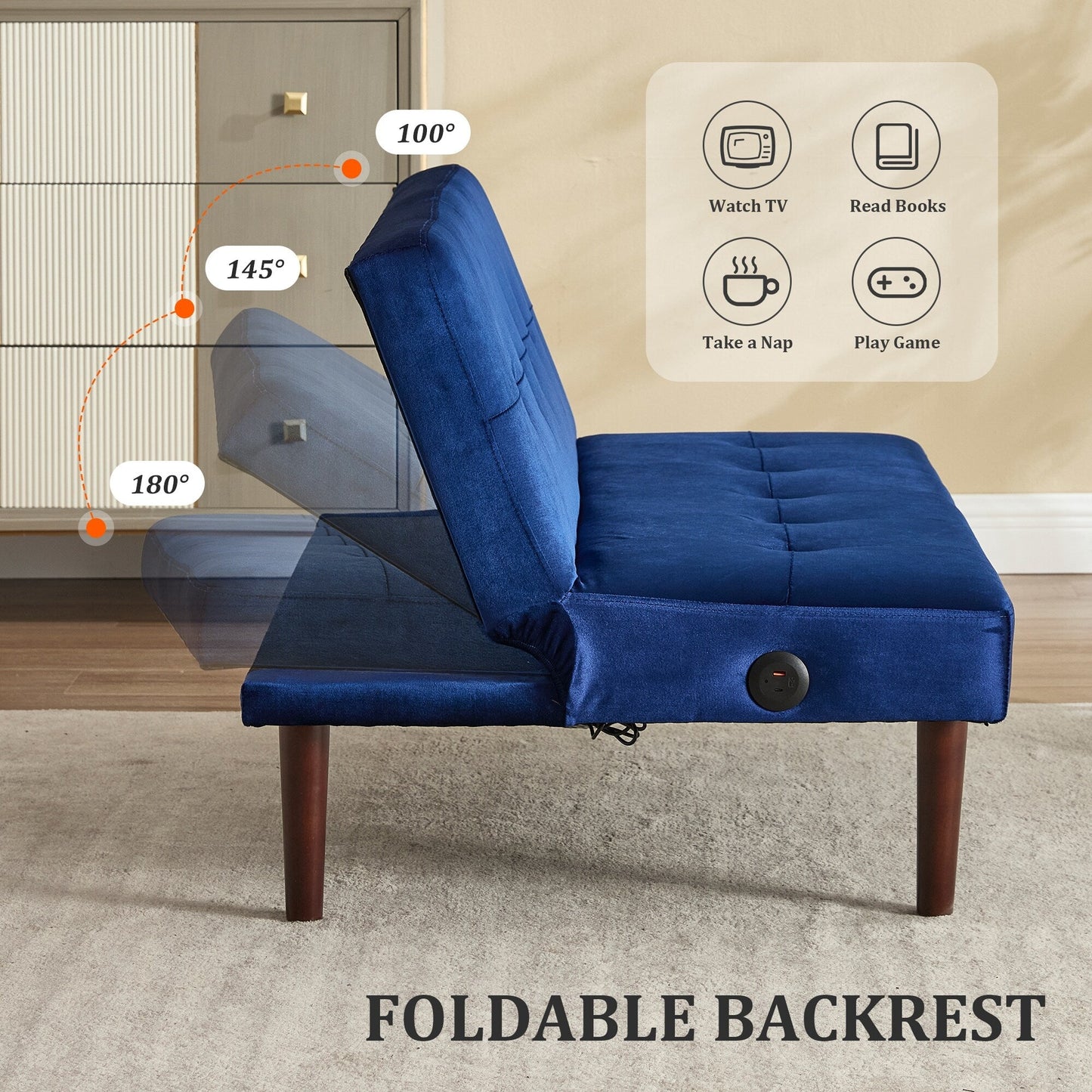 Canapé-lit pliable en flanelle Roomfitters, futon inclinable réglable avec port de charge pour salon, chambre ou bureau